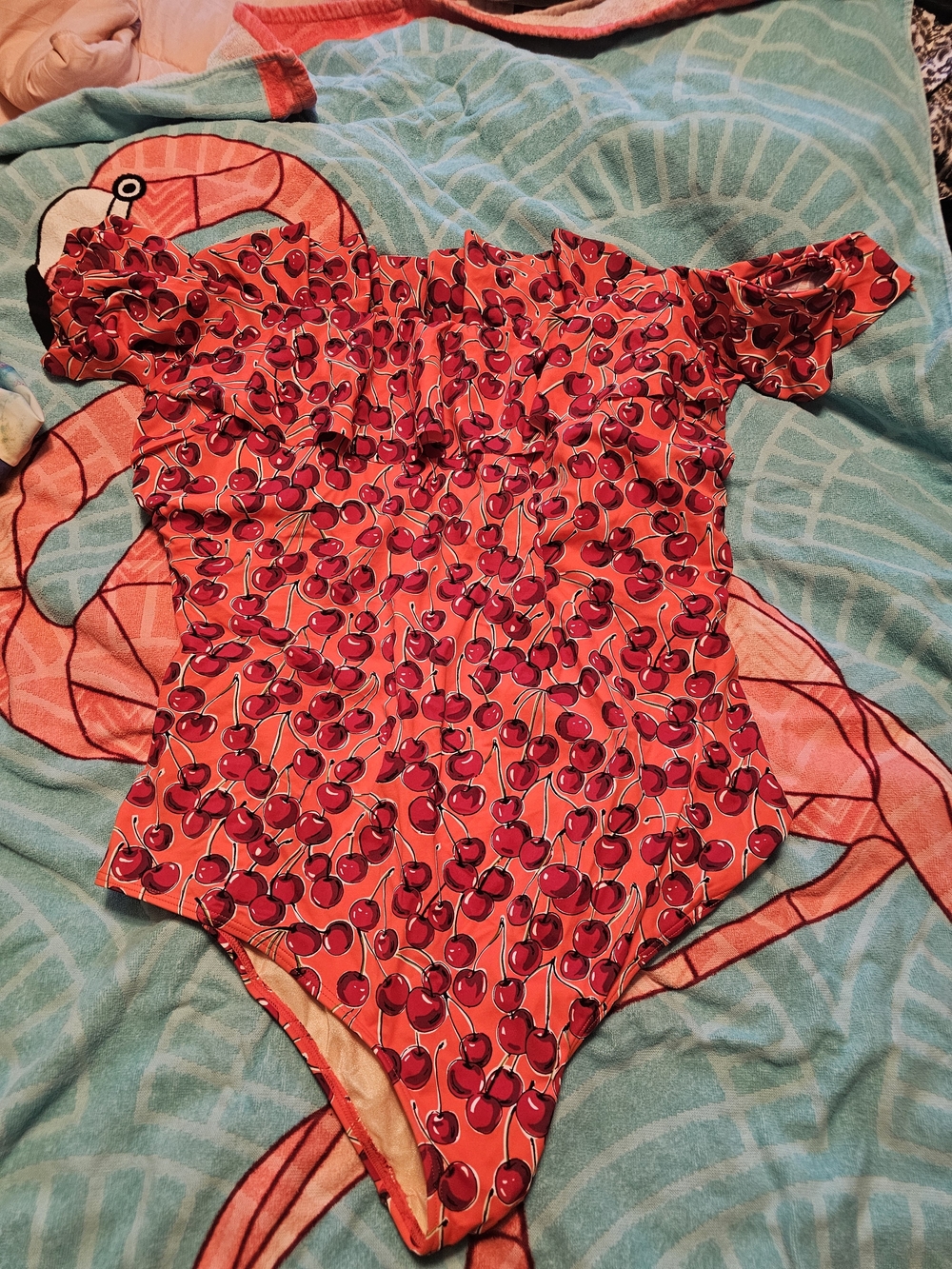 Eloquii Red Cherry Print Off-Shoulder One-Piece Swimsuit